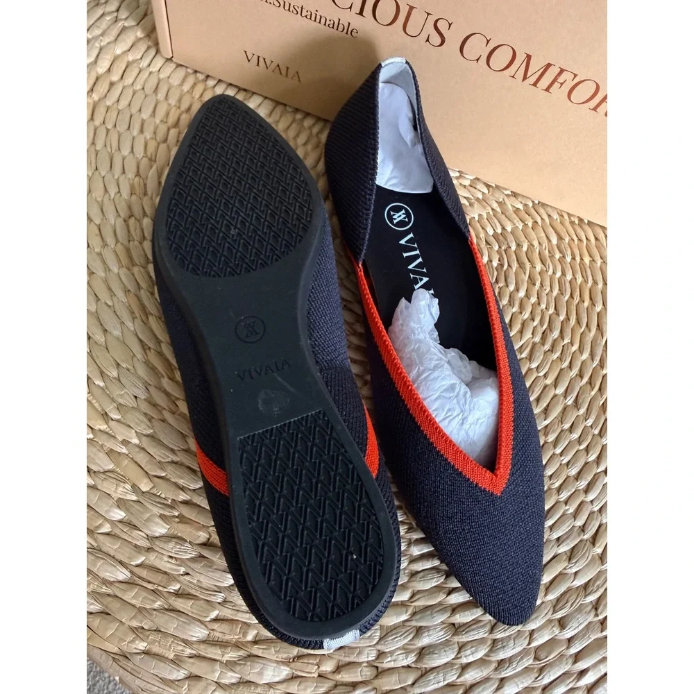 VIVAIA Chic Black Knit Pointed Flats with Bold Orange V-Cut Trim EU/35.5‎ US/5.5